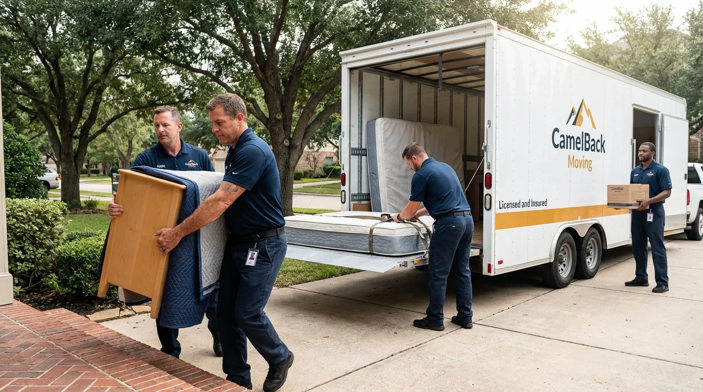 Crew loading residential truck for cross-state move from Schulenburg, TX