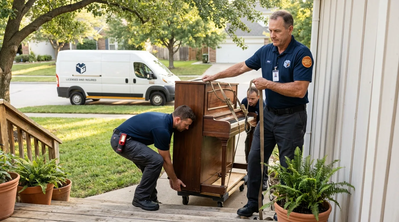 Licensed piano movers securing grand piano in Schulenburg, TX